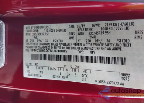 2019 Ford Escape Se z USA, uszkodzony, nr VIN 1FMCU9GD7KUC18085